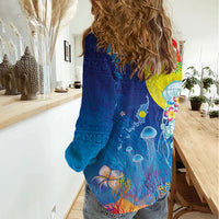 Palau Women Casual Shirt Jellyfish with Coral Reefs Ocean Vibe and Tapa Pattern LT03 - Polynesian Pride