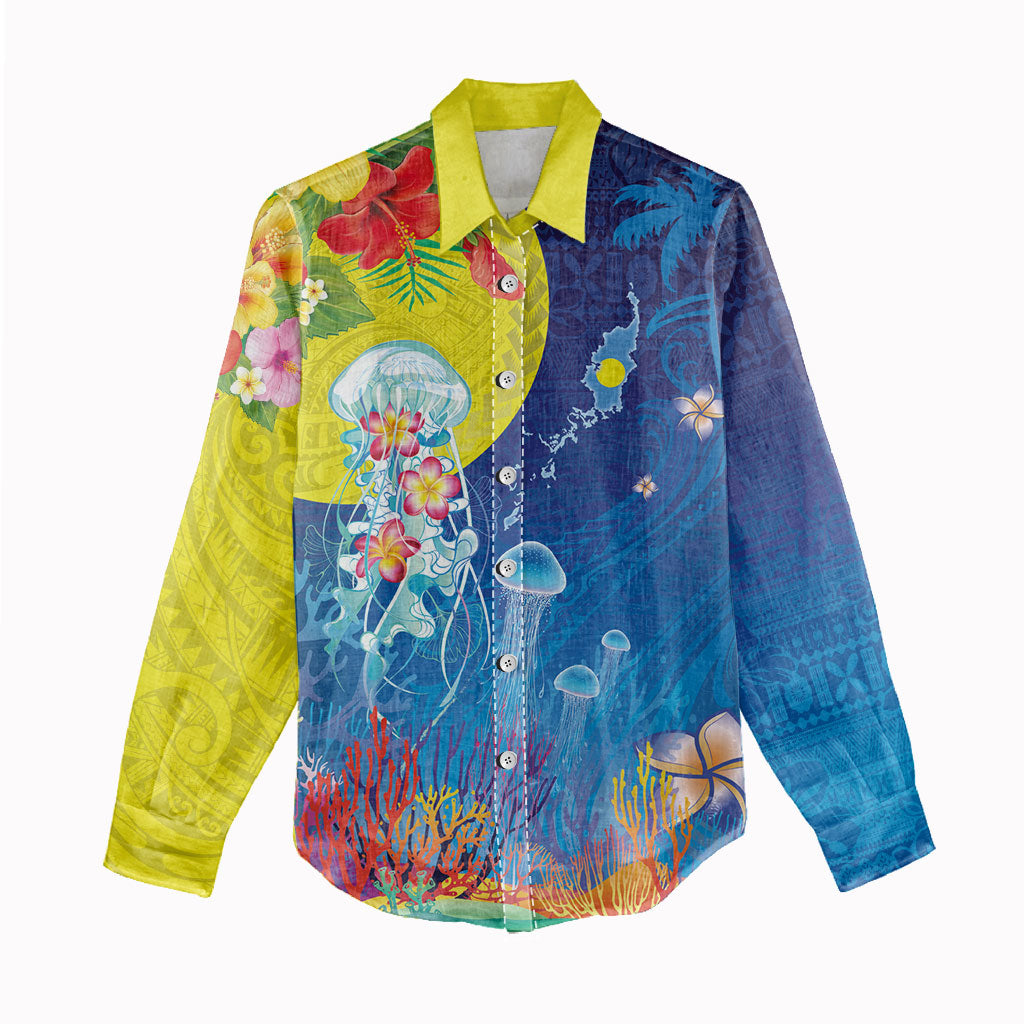 Palau Women Casual Shirt Jellyfish with Coral Reefs Ocean Vibe and Tapa Pattern LT03 - Polynesian Pride