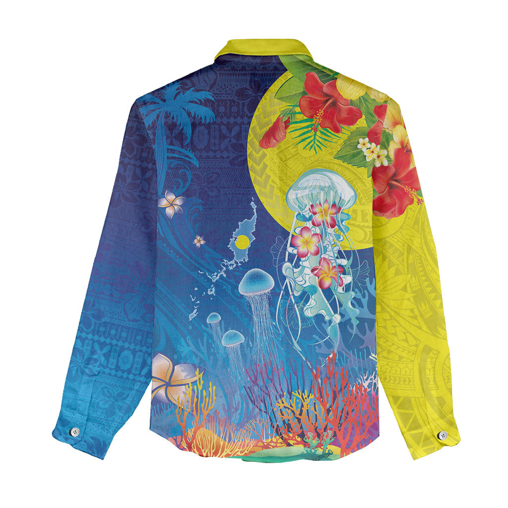 Palau Women Casual Shirt Jellyfish with Coral Reefs Ocean Vibe and Tapa Pattern LT03 - Polynesian Pride