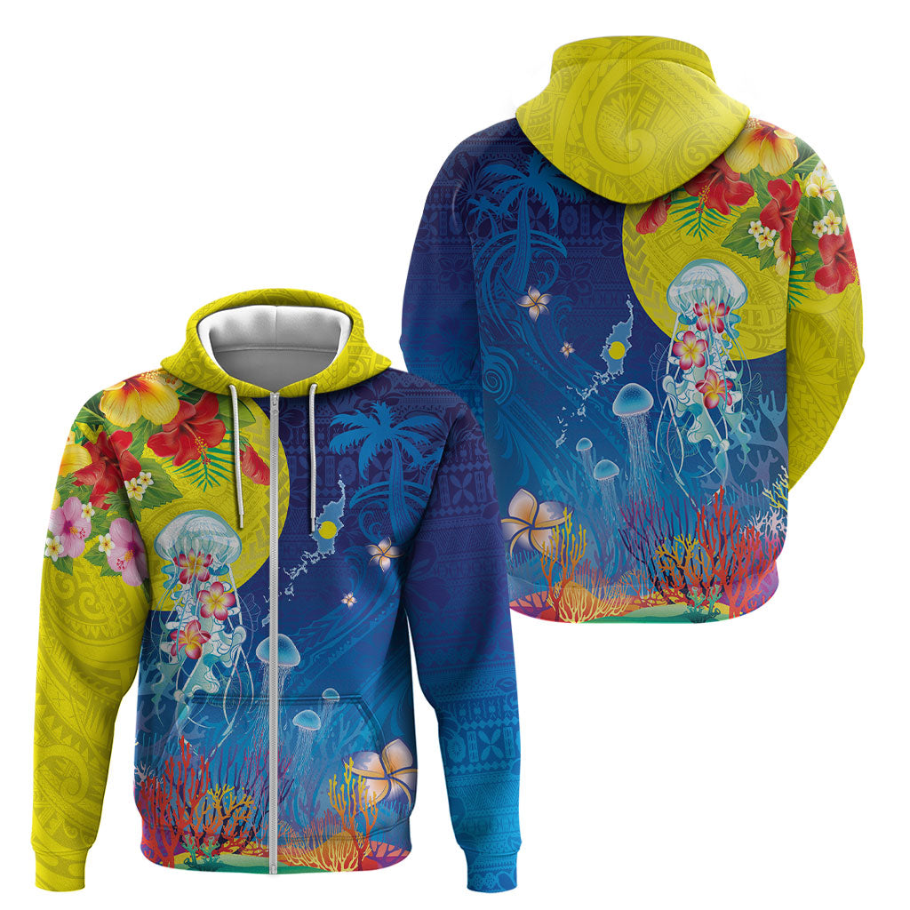 Palau Zip Hoodie Jellyfish with Coral Reefs Ocean Vibe and Tapa Pattern LT03 - Polynesian Pride