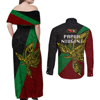 Papua New Guinea East New Britain Province Couples Matching Off Shoulder Maxi Dress and Long Sleeve Button Shirts PNG Birds Of Paradise Polynesian Arty Style LT03 - Polynesian Pride