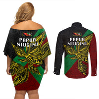 Papua New Guinea East New Britain Province Couples Matching Off Shoulder Short Dress and Long Sleeve Button Shirts PNG Birds Of Paradise Polynesian Arty Style LT03 - Polynesian Pride