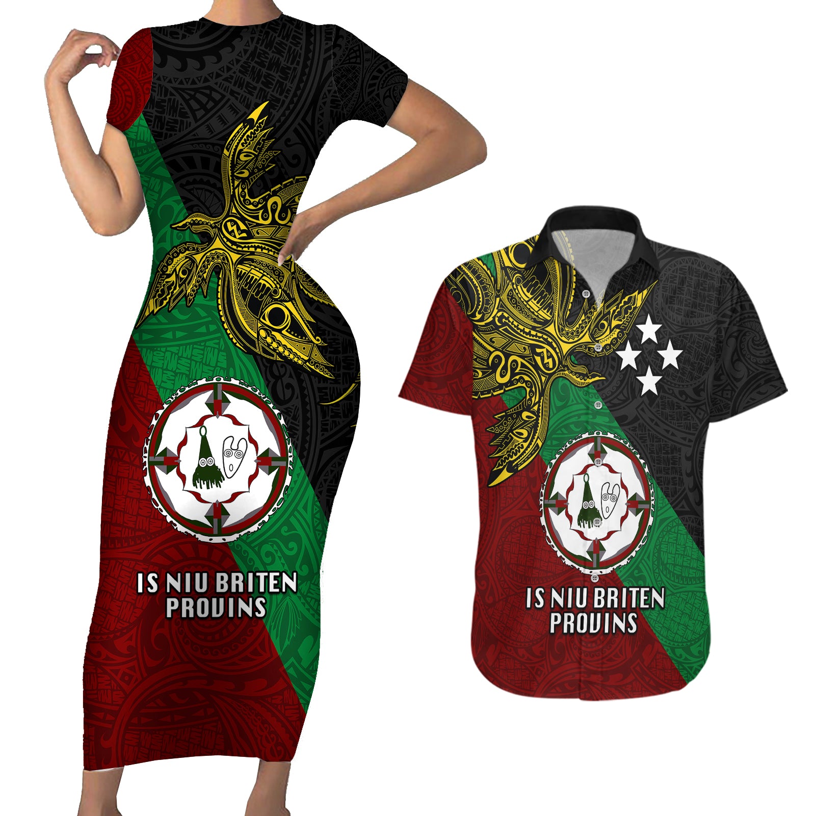 Papua New Guinea East New Britain Province Couples Matching Short Sleeve Bodycon Dress and Hawaiian Shirt PNG Birds Of Paradise Polynesian Arty Style LT03 Green - Polynesian Pride