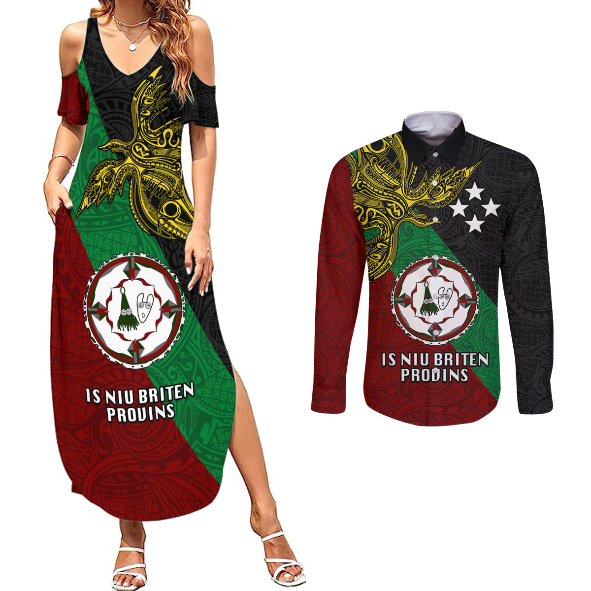 Papua New Guinea East New Britain Province Couples Matching Summer Maxi Dress and Long Sleeve Button Shirts PNG Birds Of Paradise Polynesian Arty Style LT03 Green - Polynesian Pride