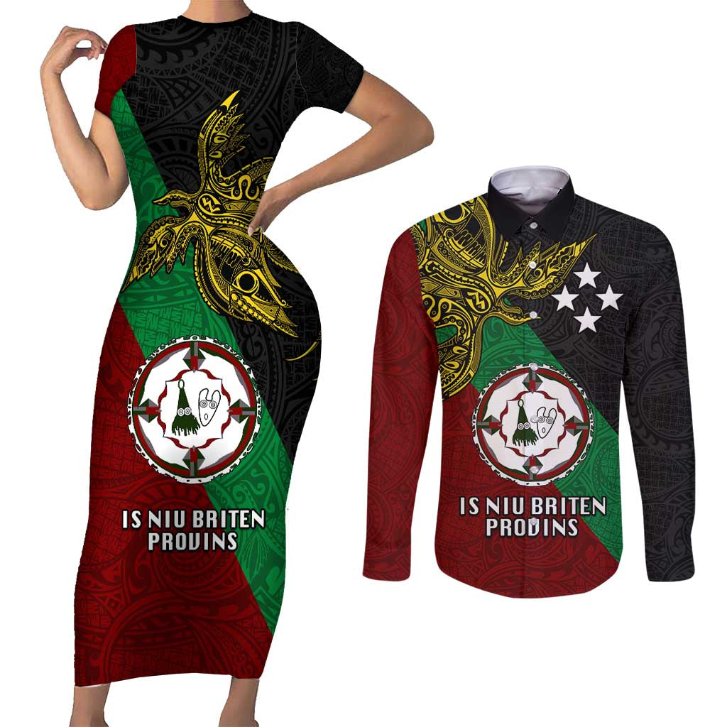 Papua New Guinea East New Britain Province Couples Matching Short Sleeve Bodycon Dress and Long Sleeve Button Shirts PNG Birds Of Paradise Polynesian Arty Style LT03