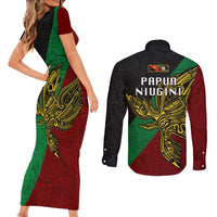 Papua New Guinea East New Britain Province Couples Matching Short Sleeve Bodycon Dress and Long Sleeve Button Shirts PNG Birds Of Paradise Polynesian Arty Style LT03