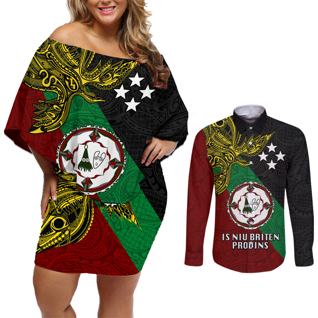 Custom Papua New Guinea East New Britain Province Couples Matching Off Shoulder Short Dress and Long Sleeve Button Shirts PNG Birds Of Paradise Polynesian Arty Style LT03 Green - Polynesian Pride