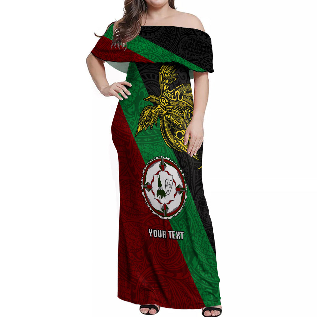 Custom Papua New Guinea East New Britain Province Off Shoulder Maxi Dress PNG Birds Of Paradise Polynesian Arty Style LT03 Women Green - Polynesian Pride