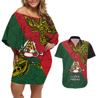 Papua New Guinea East Sepik Province Couples Matching Off Shoulder Short Dress and Hawaiian Shirt PNG Birds Of Paradise Polynesian Arty Style LT03 Green - Polynesian Pride