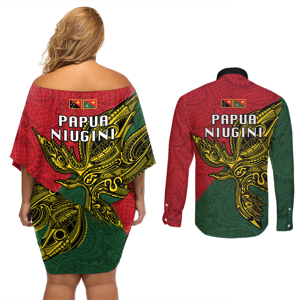 Papua New Guinea East Sepik Province Couples Matching Off Shoulder Short Dress and Long Sleeve Button Shirts PNG Birds Of Paradise Polynesian Arty Style LT03 - Polynesian Pride