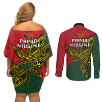 Papua New Guinea East Sepik Province Couples Matching Off Shoulder Short Dress and Long Sleeve Button Shirts PNG Birds Of Paradise Polynesian Arty Style LT03 - Polynesian Pride