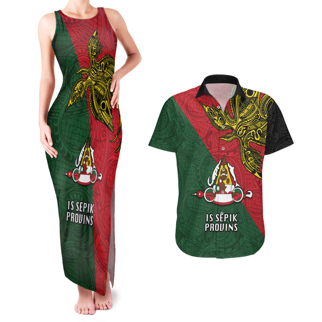 Papua New Guinea East Sepik Province Couples Matching Tank Maxi Dress and Hawaiian Shirt PNG Birds Of Paradise Polynesian Arty Style LT03 Green - Polynesian Pride