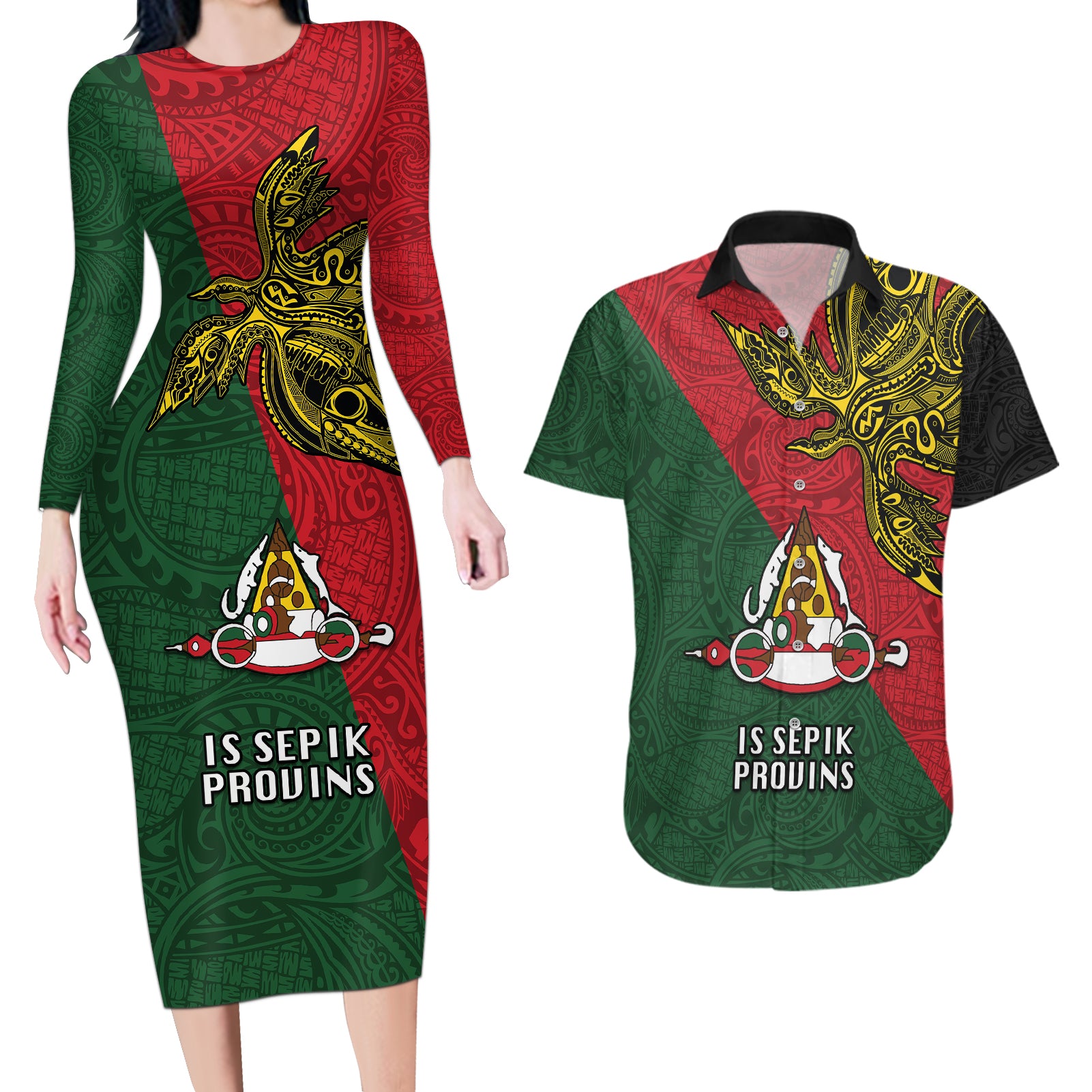 Custom Papua New Guinea East Sepik Province Couples Matching Long Sleeve Bodycon Dress and Hawaiian Shirt PNG Birds Of Paradise Polynesian Arty Style LT03 Green - Polynesian Pride