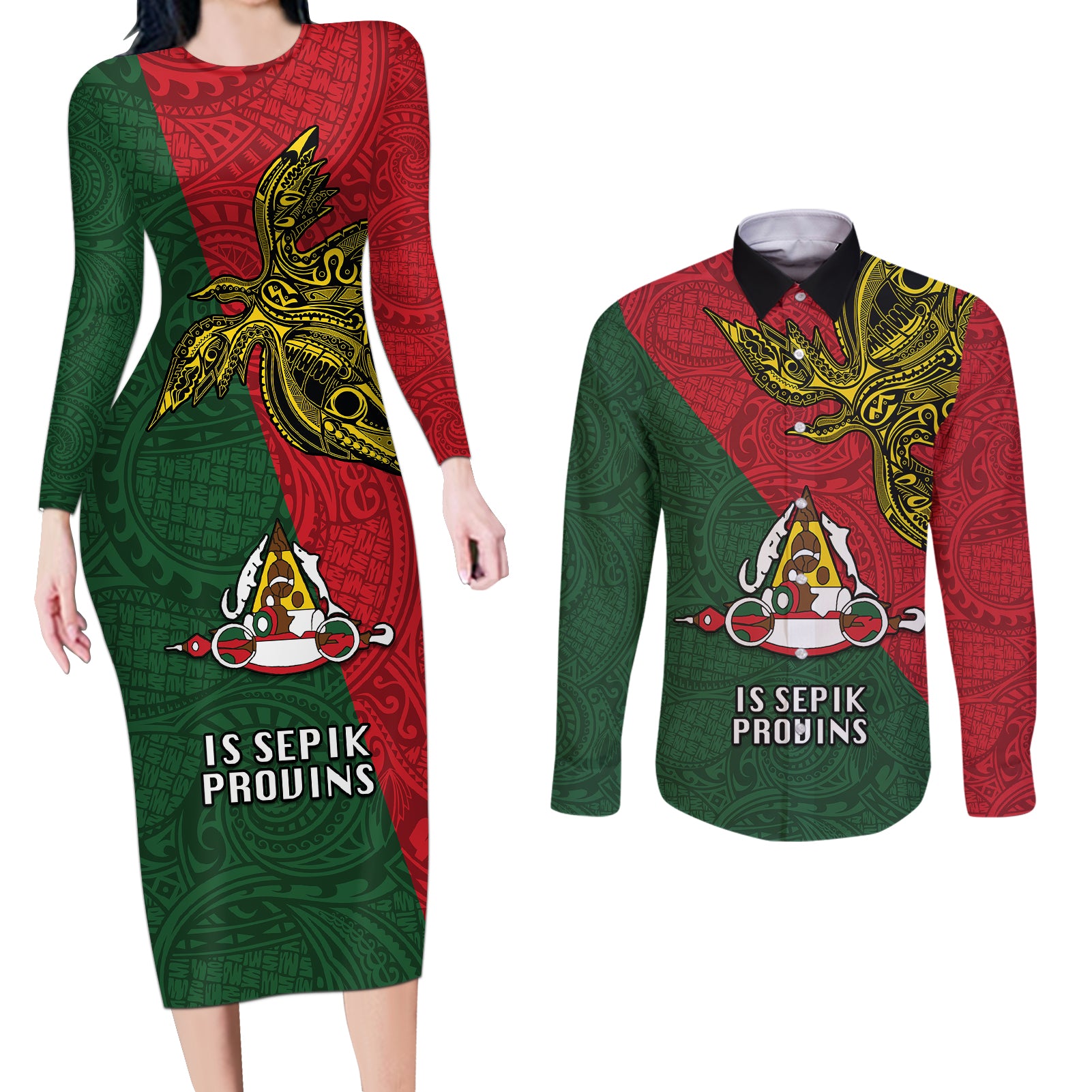 Custom Papua New Guinea East Sepik Province Couples Matching Long Sleeve Bodycon Dress and Long Sleeve Button Shirts PNG Birds Of Paradise Polynesian Arty Style LT03 Green - Polynesian Pride