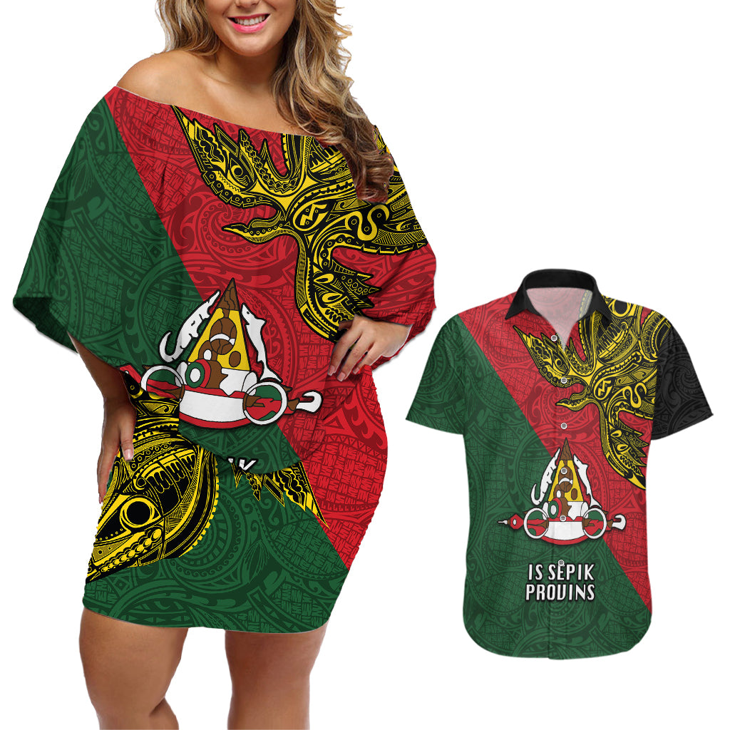 Custom Papua New Guinea East Sepik Province Couples Matching Off Shoulder Short Dress and Hawaiian Shirt PNG Birds Of Paradise Polynesian Arty Style LT03 Green - Polynesian Pride