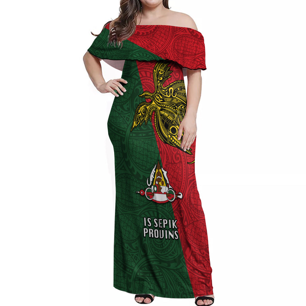 Custom Papua New Guinea East Sepik Province Off Shoulder Maxi Dress PNG Birds Of Paradise Polynesian Arty Style LT03 Women Green - Polynesian Pride