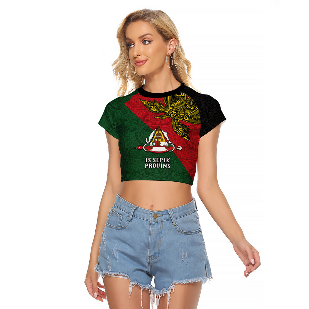 Custom Papua New Guinea East Sepik Province Raglan Cropped T Shirt PNG Birds Of Paradise Polynesian Arty Style LT03 Female Green - Polynesian Pride