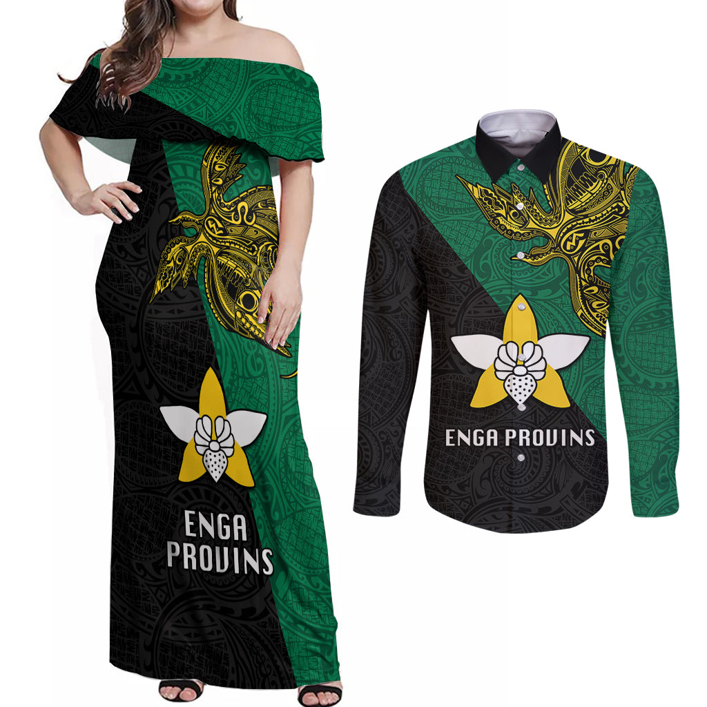 Papua New Guinea Enga Province Couples Matching Off Shoulder Maxi Dress and Long Sleeve Button Shirts PNG Birds Of Paradise Polynesian Arty Style LT03 Green - Polynesian Pride