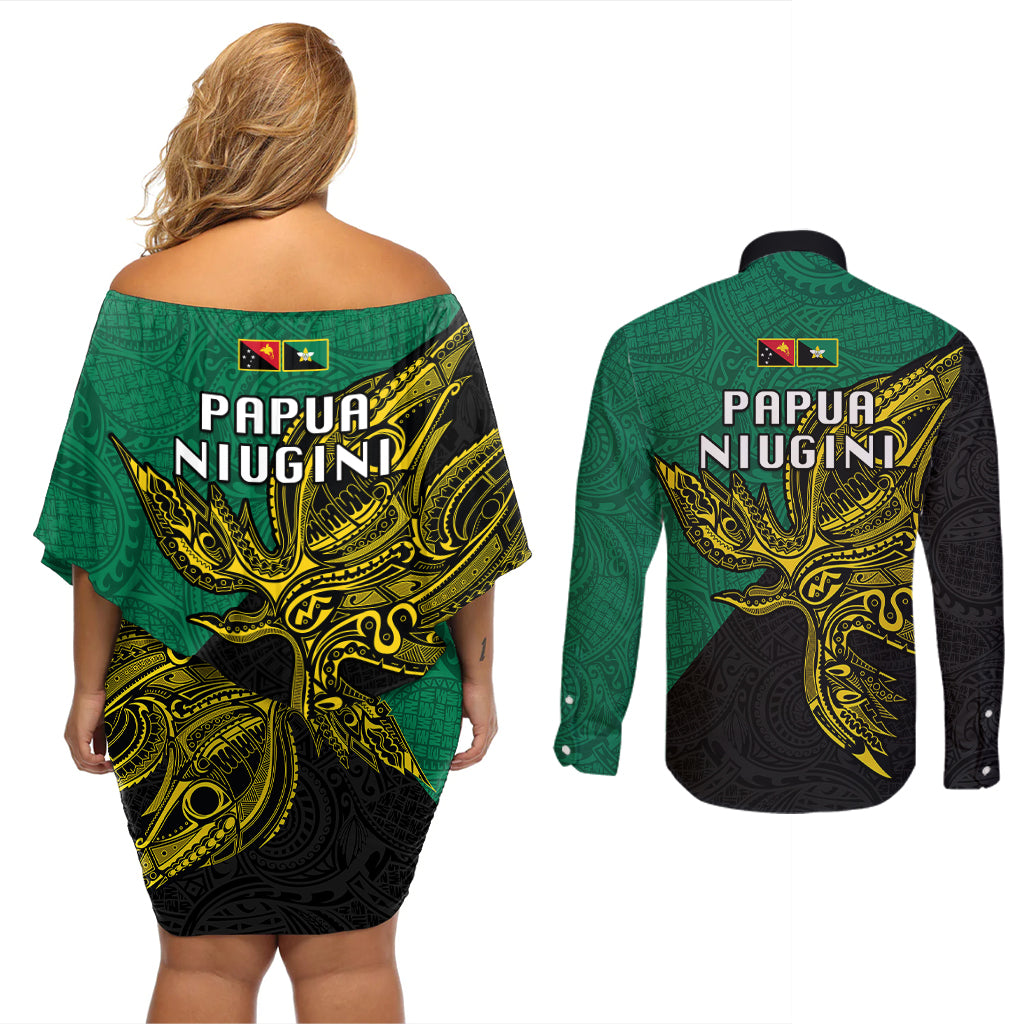 Papua New Guinea Enga Province Couples Matching Off Shoulder Short Dress and Long Sleeve Button Shirts PNG Birds Of Paradise Polynesian Arty Style LT03 - Polynesian Pride