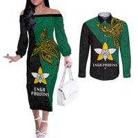 Papua New Guinea Enga Province Couples Matching Off The Shoulder Long Sleeve Dress and Long Sleeve Button Shirts PNG Birds Of Paradise Polynesian Arty Style LT03 Green - Polynesian Pride