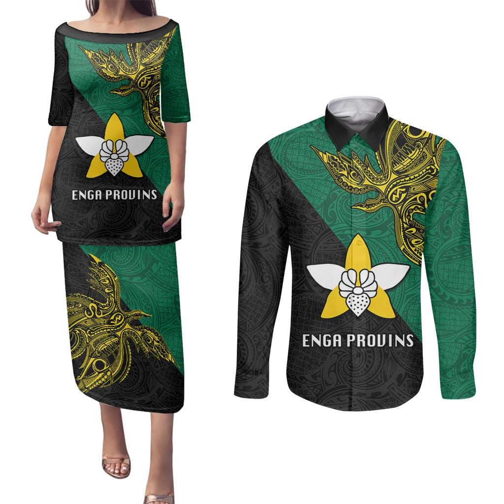 Papua New Guinea Enga Province Couples Matching Puletasi Dress and Long Sleeve Button Shirts PNG Birds Of Paradise Polynesian Arty Style LT03 Green - Polynesian Pride