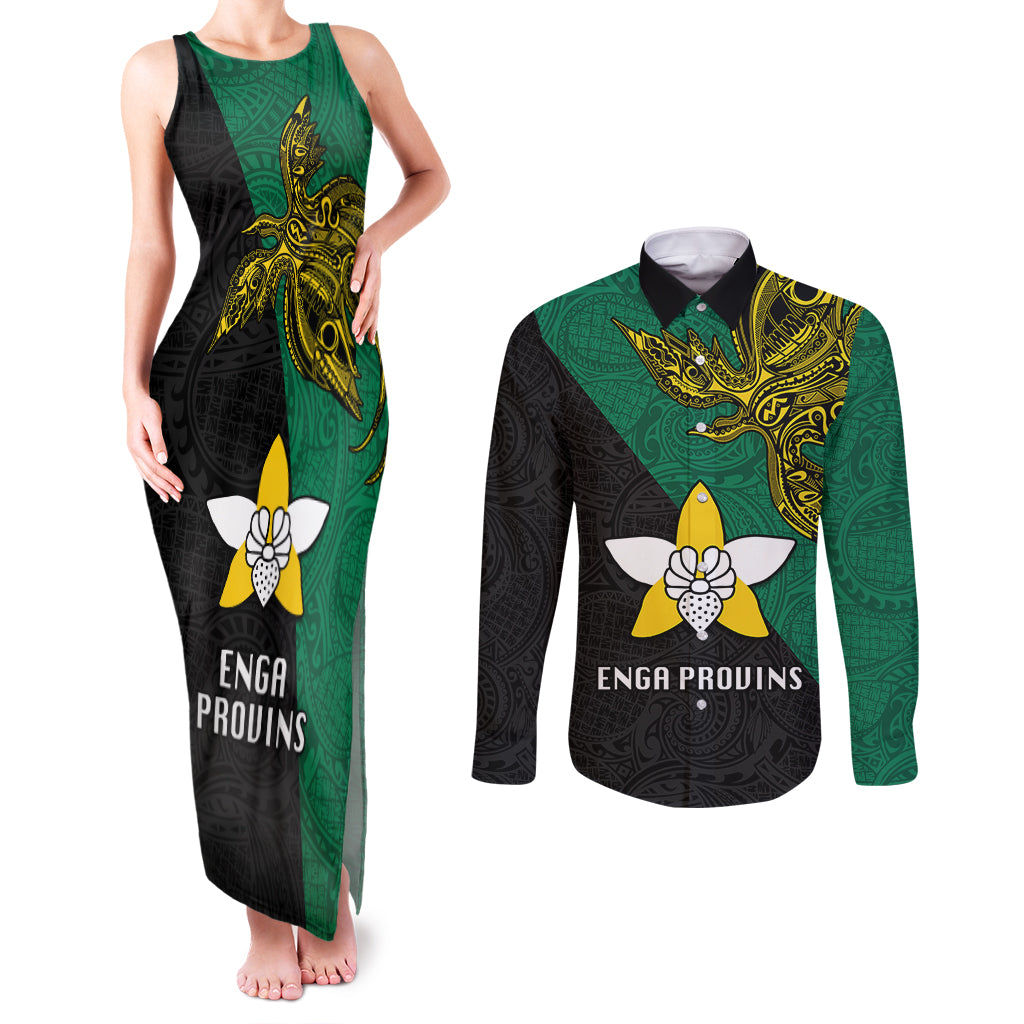 Papua New Guinea Enga Province Couples Matching Tank Maxi Dress and Long Sleeve Button Shirts PNG Birds Of Paradise Polynesian Arty Style LT03 Green - Polynesian Pride