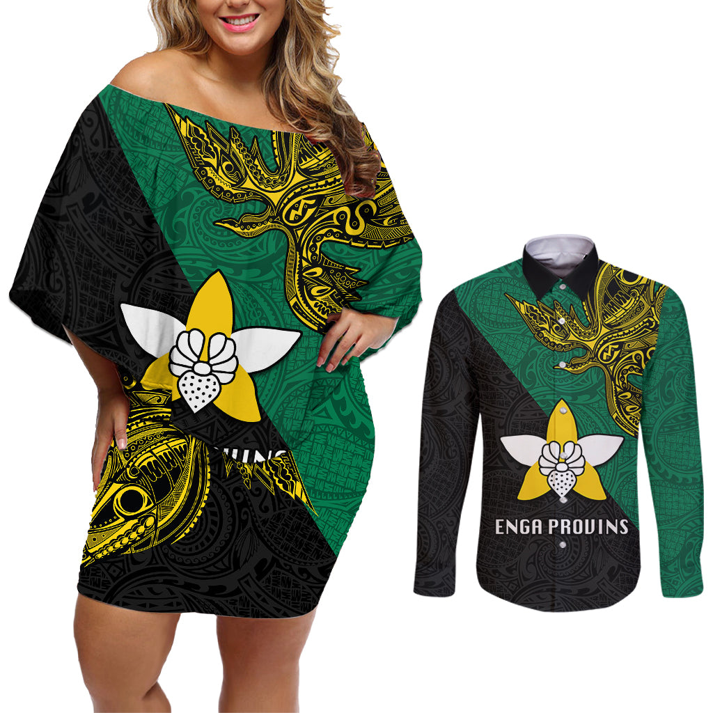 Custom Papua New Guinea Enga Province Couples Matching Off Shoulder Short Dress and Long Sleeve Button Shirts PNG Birds Of Paradise Polynesian Arty Style LT03 Green - Polynesian Pride