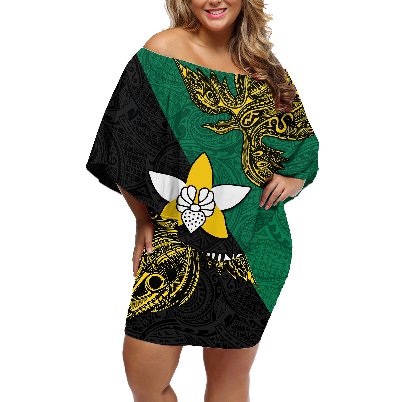 Custom Papua New Guinea Enga Province Off Shoulder Short Dress PNG Birds Of Paradise Polynesian Arty Style LT03 Women Green - Polynesian Pride