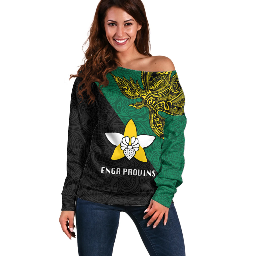 Custom Papua New Guinea Enga Province Off Shoulder Sweater PNG Birds Of Paradise Polynesian Arty Style LT03 Women Green - Polynesian Pride