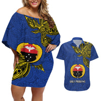 Papua New Guinea Gulf Province Couples Matching Off Shoulder Short Dress and Hawaiian Shirt PNG Birds Of Paradise Polynesian Arty Style LT03 Blue - Polynesian Pride