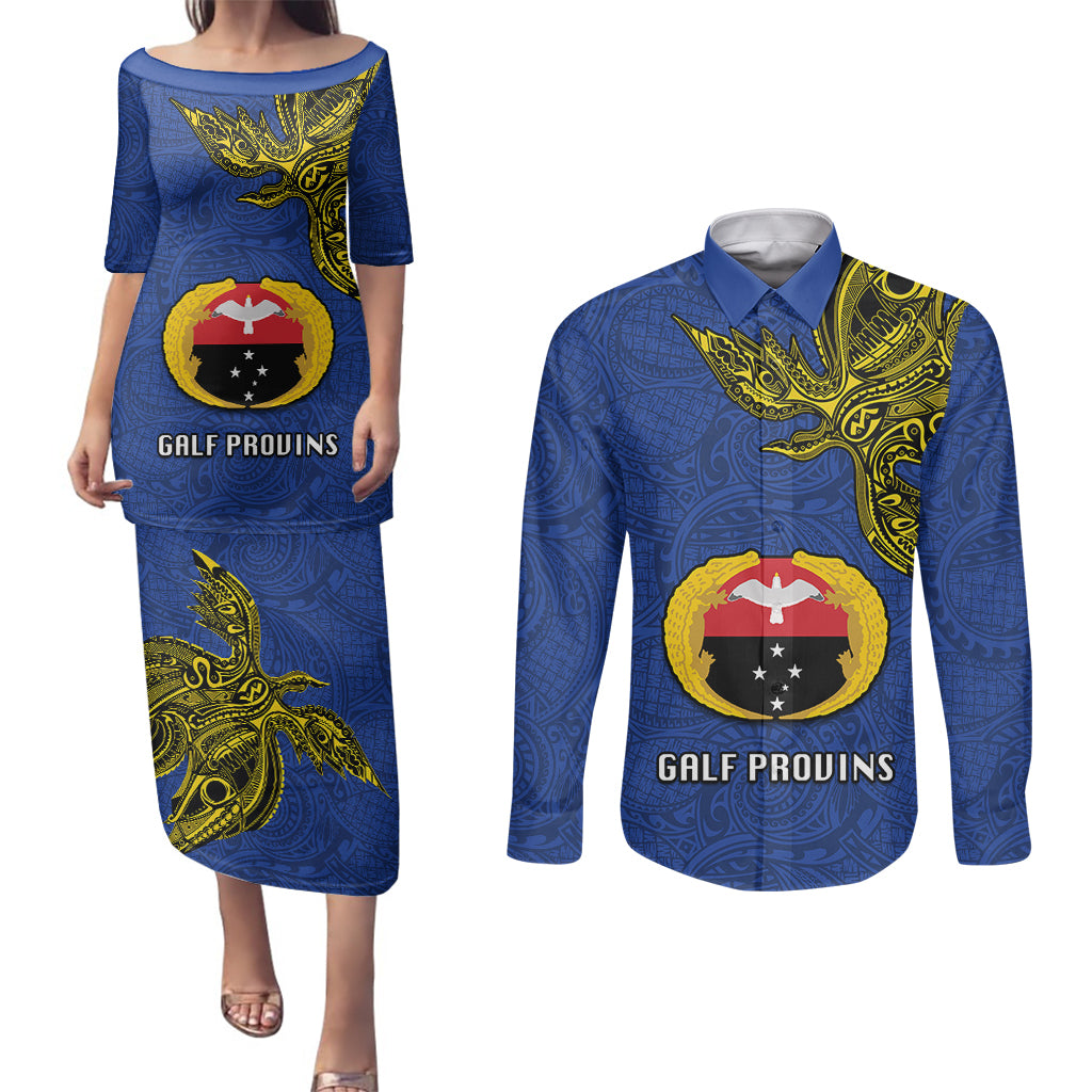 Papua New Guinea Gulf Province Couples Matching Puletasi Dress and Long Sleeve Button Shirts PNG Birds Of Paradise Polynesian Arty Style LT03 Blue - Polynesian Pride