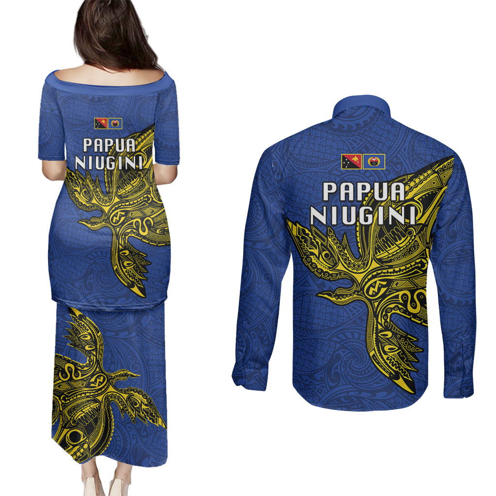 Papua New Guinea Gulf Province Couples Matching Puletasi Dress and Long Sleeve Button Shirts PNG Birds Of Paradise Polynesian Arty Style LT03 - Polynesian Pride
