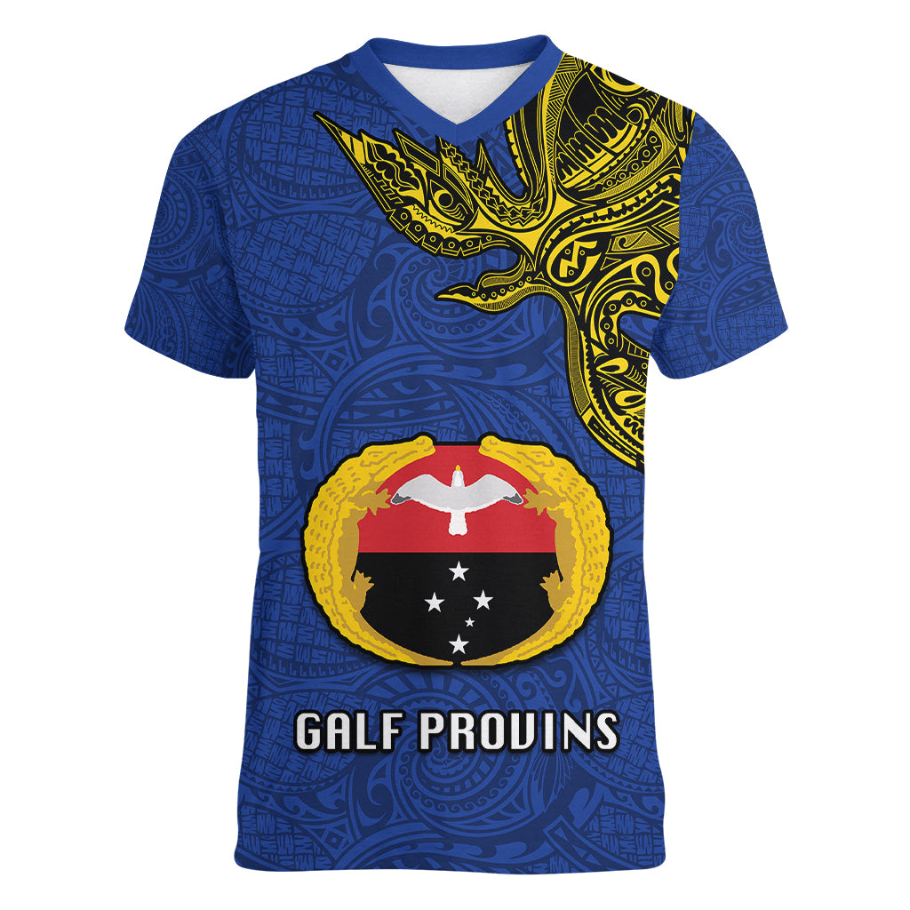 Papua New Guinea Gulf Province Women V Neck T Shirt PNG Birds Of Paradise Polynesian Arty Style LT03 Female Blue - Polynesian Pride