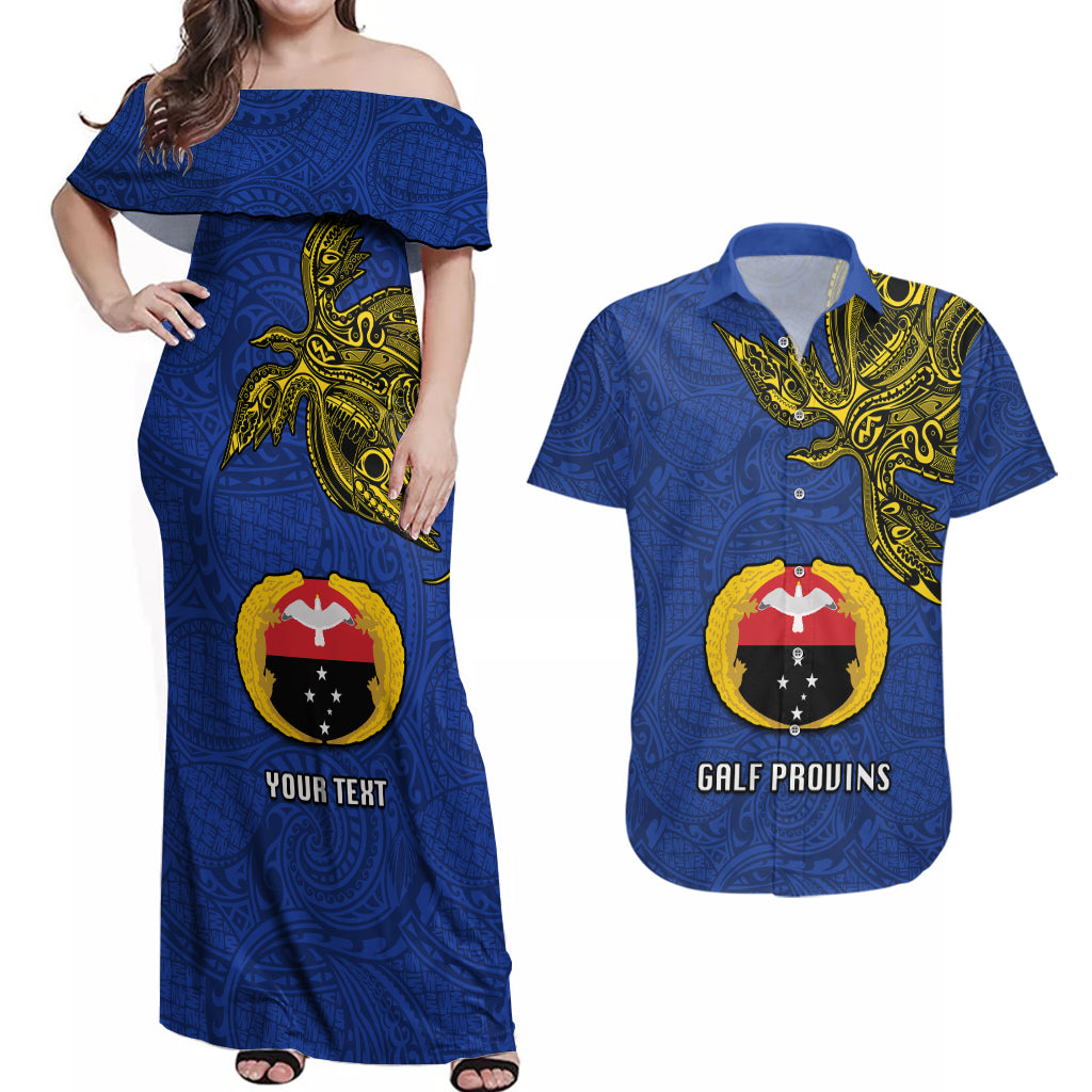 Custom Papua New Guinea Gulf Province Couples Matching Off Shoulder Maxi Dress and Hawaiian Shirt PNG Birds Of Paradise Polynesian Arty Style LT03 Blue - Polynesian Pride