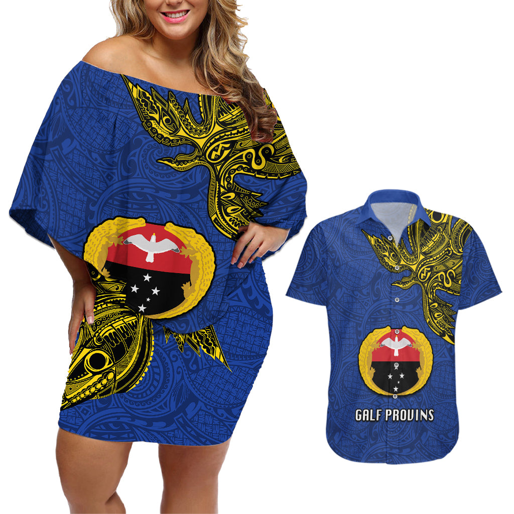 Custom Papua New Guinea Gulf Province Couples Matching Off Shoulder Short Dress and Hawaiian Shirt PNG Birds Of Paradise Polynesian Arty Style LT03 Blue - Polynesian Pride