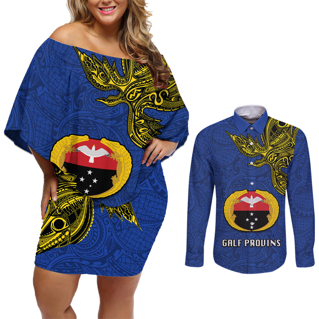 Custom Papua New Guinea Gulf Province Couples Matching Off Shoulder Short Dress and Long Sleeve Button Shirts PNG Birds Of Paradise Polynesian Arty Style LT03 Blue - Polynesian Pride