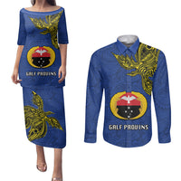 Custom Papua New Guinea Gulf Province Couples Matching Puletasi Dress and Long Sleeve Button Shirts PNG Birds Of Paradise Polynesian Arty Style LT03 Blue - Polynesian Pride