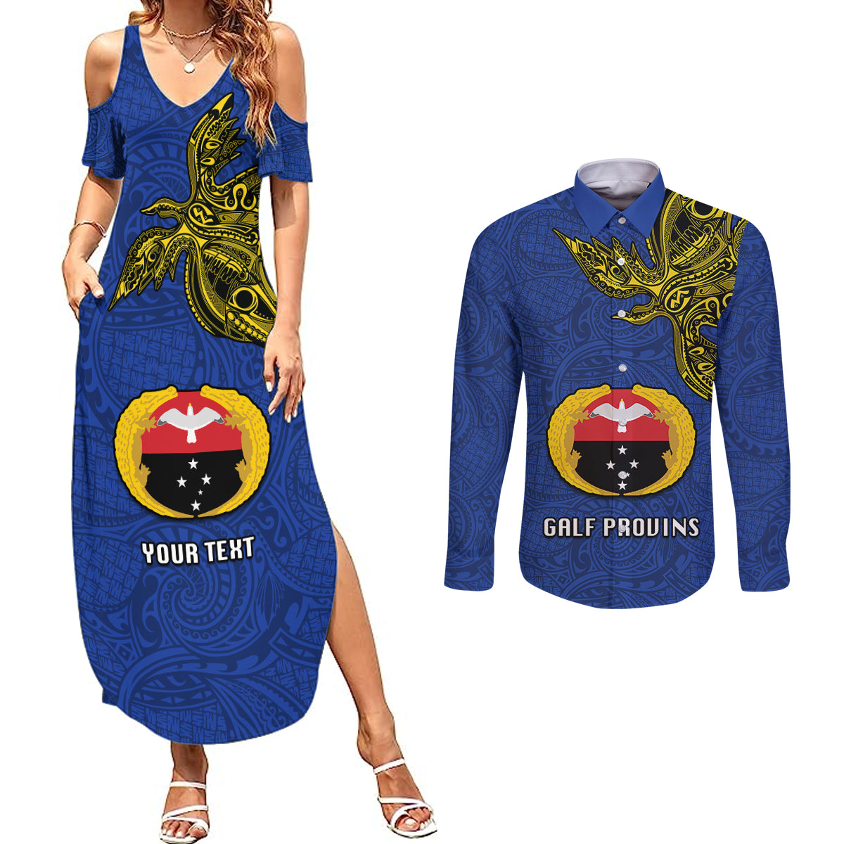 Custom Papua New Guinea Gulf Province Couples Matching Summer Maxi Dress and Long Sleeve Button Shirts PNG Birds Of Paradise Polynesian Arty Style LT03 Blue - Polynesian Pride