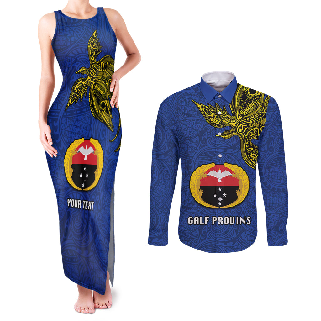 Custom Papua New Guinea Gulf Province Couples Matching Tank Maxi Dress and Long Sleeve Button Shirts PNG Birds Of Paradise Polynesian Arty Style LT03 Blue - Polynesian Pride
