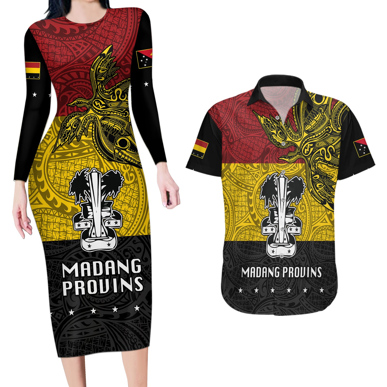 Papua New Guinea Madang Province Couples Matching Long Sleeve Bodycon Dress and Hawaiian Shirt PNG Birds Of Paradise Polynesian Arty Style LT03 Yellow - Polynesian Pride