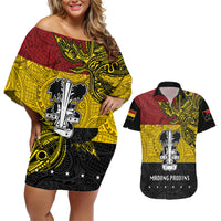 Papua New Guinea Madang Province Couples Matching Off Shoulder Short Dress and Hawaiian Shirt PNG Birds Of Paradise Polynesian Arty Style LT03 Yellow - Polynesian Pride