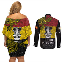Papua New Guinea Madang Province Couples Matching Off Shoulder Short Dress and Long Sleeve Button Shirts PNG Birds Of Paradise Polynesian Arty Style LT03 - Polynesian Pride