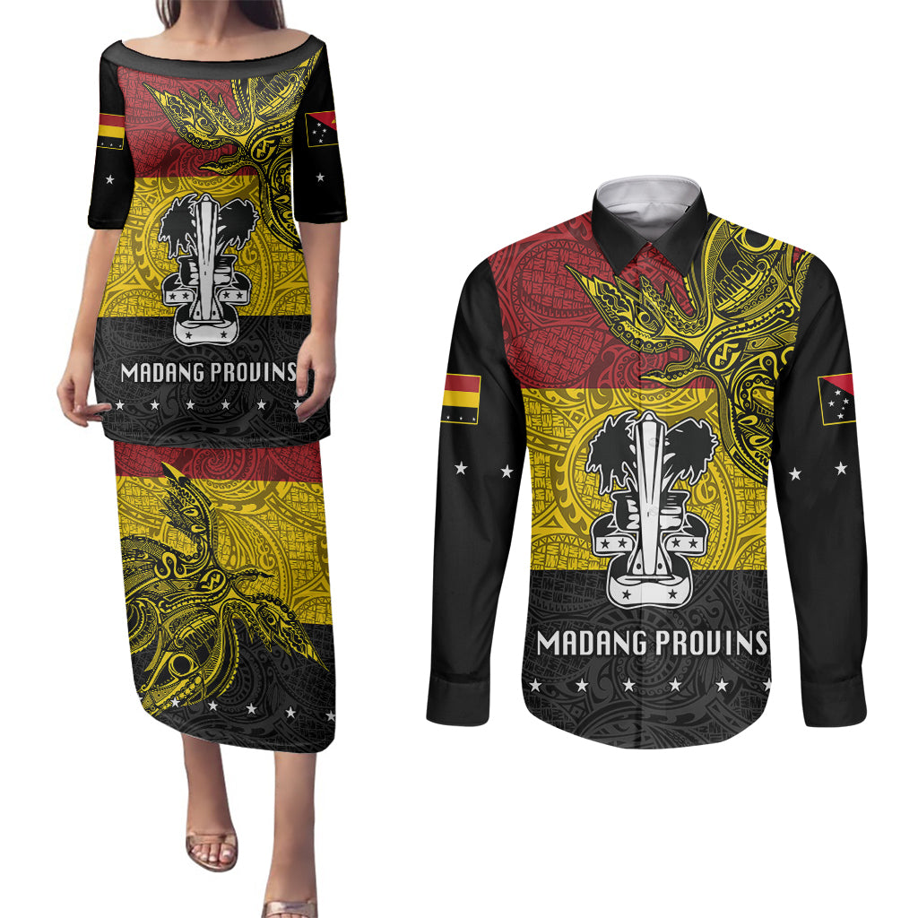 Papua New Guinea Madang Province Couples Matching Puletasi Dress and Long Sleeve Button Shirts PNG Birds Of Paradise Polynesian Arty Style LT03 Yellow - Polynesian Pride