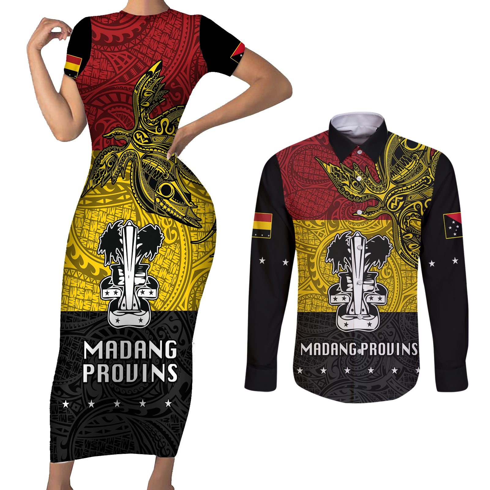 Papua New Guinea Madang Province Couples Matching Short Sleeve Bodycon Dress and Long Sleeve Button Shirts PNG Birds Of Paradise Polynesian Arty Style LT03 Yellow - Polynesian Pride