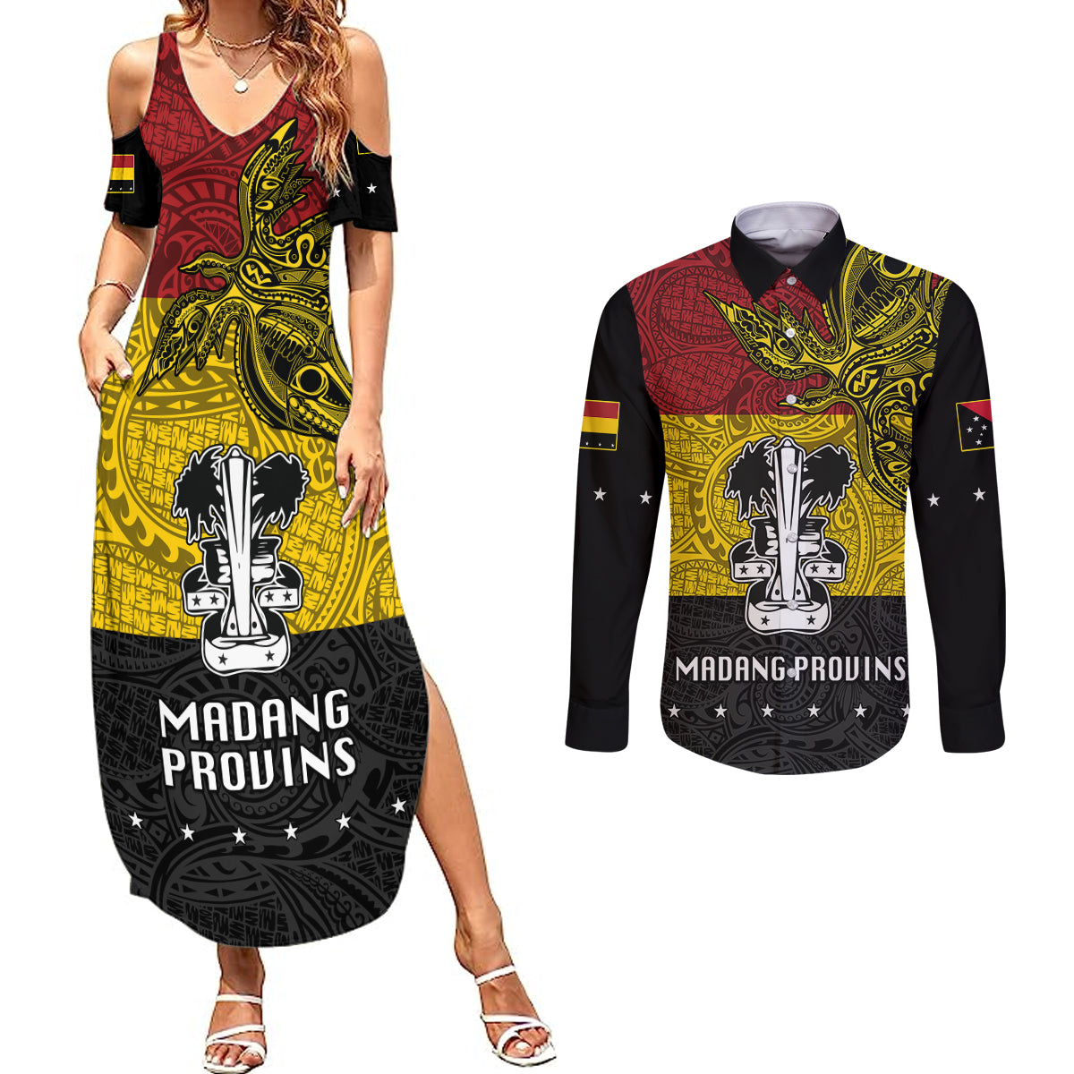 Papua New Guinea Madang Province Couples Matching Summer Maxi Dress and Long Sleeve Button Shirts PNG Birds Of Paradise Polynesian Arty Style LT03 Yellow - Polynesian Pride