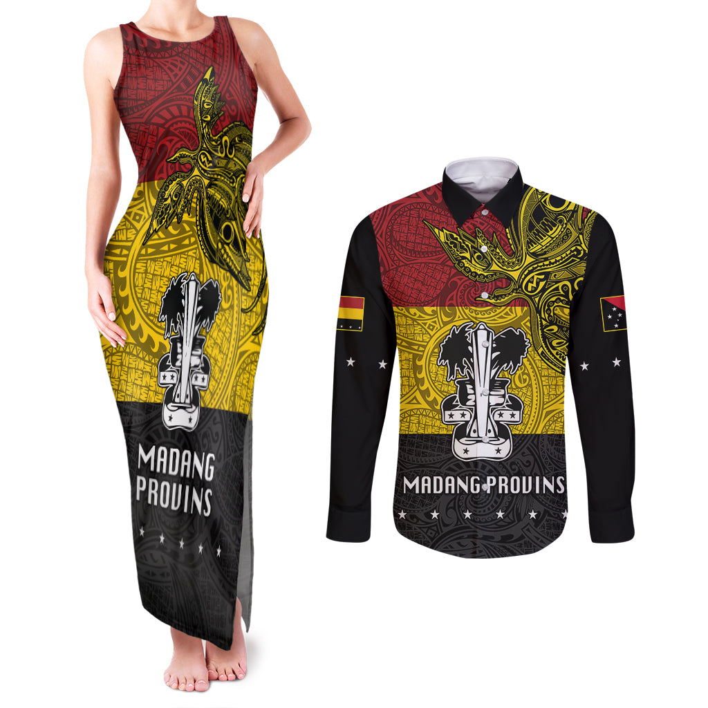Papua New Guinea Madang Province Couples Matching Tank Maxi Dress and Long Sleeve Button Shirts PNG Birds Of Paradise Polynesian Arty Style LT03 Yellow - Polynesian Pride