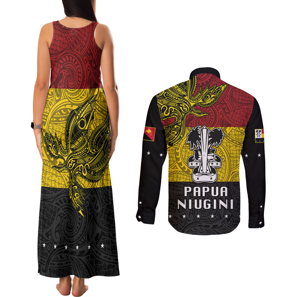 Papua New Guinea Madang Province Couples Matching Tank Maxi Dress and Long Sleeve Button Shirts PNG Birds Of Paradise Polynesian Arty Style LT03 - Polynesian Pride