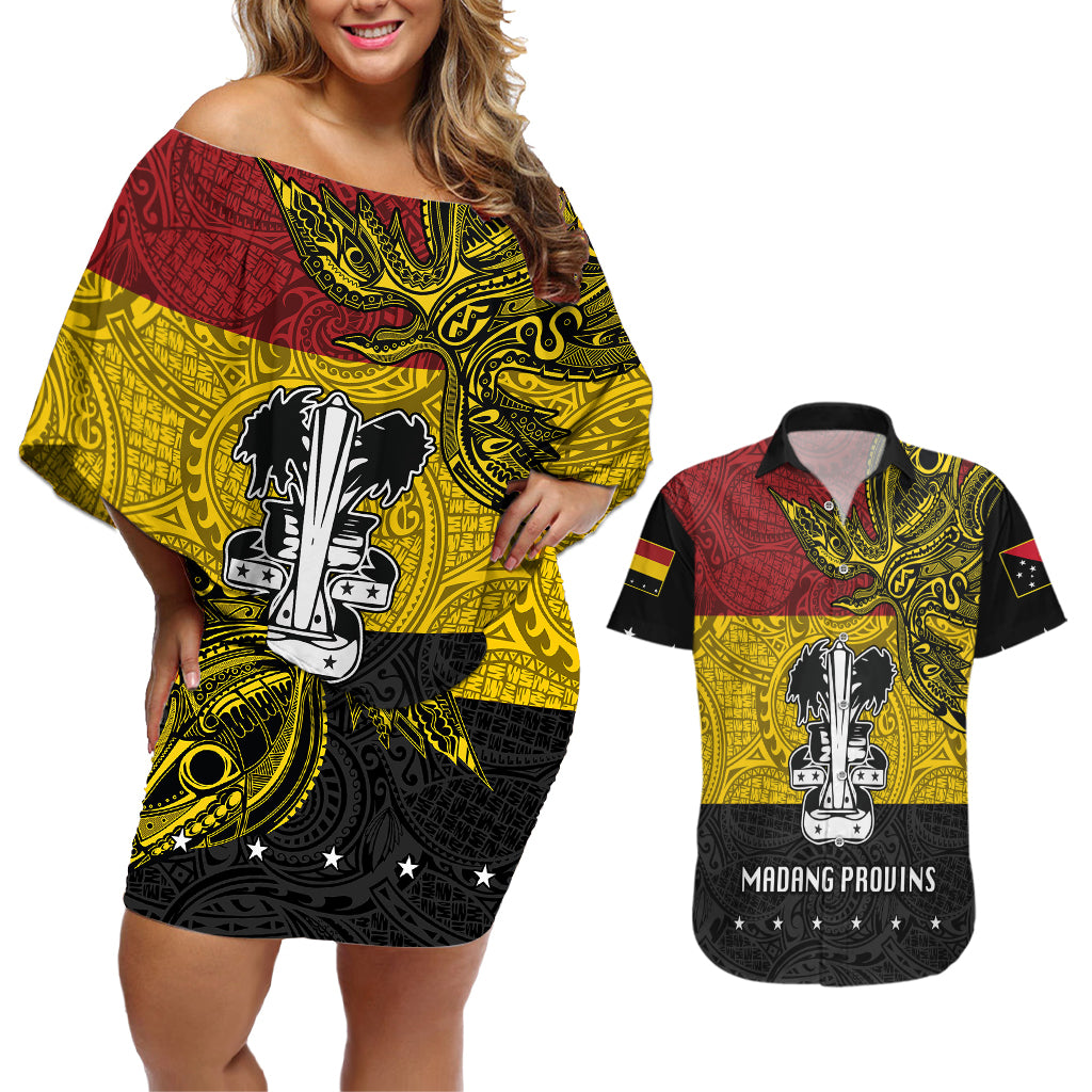 Custom Papua New Guinea Madang Province Couples Matching Off Shoulder Short Dress and Hawaiian Shirt PNG Birds Of Paradise Polynesian Arty Style LT03 Yellow - Polynesian Pride