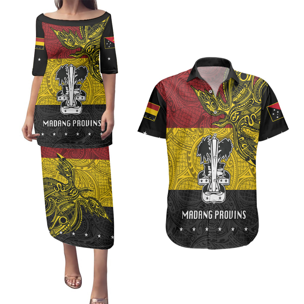 Custom Papua New Guinea Madang Province Couples Matching Puletasi Dress and Hawaiian Shirt PNG Birds Of Paradise Polynesian Arty Style LT03 Yellow - Polynesian Pride