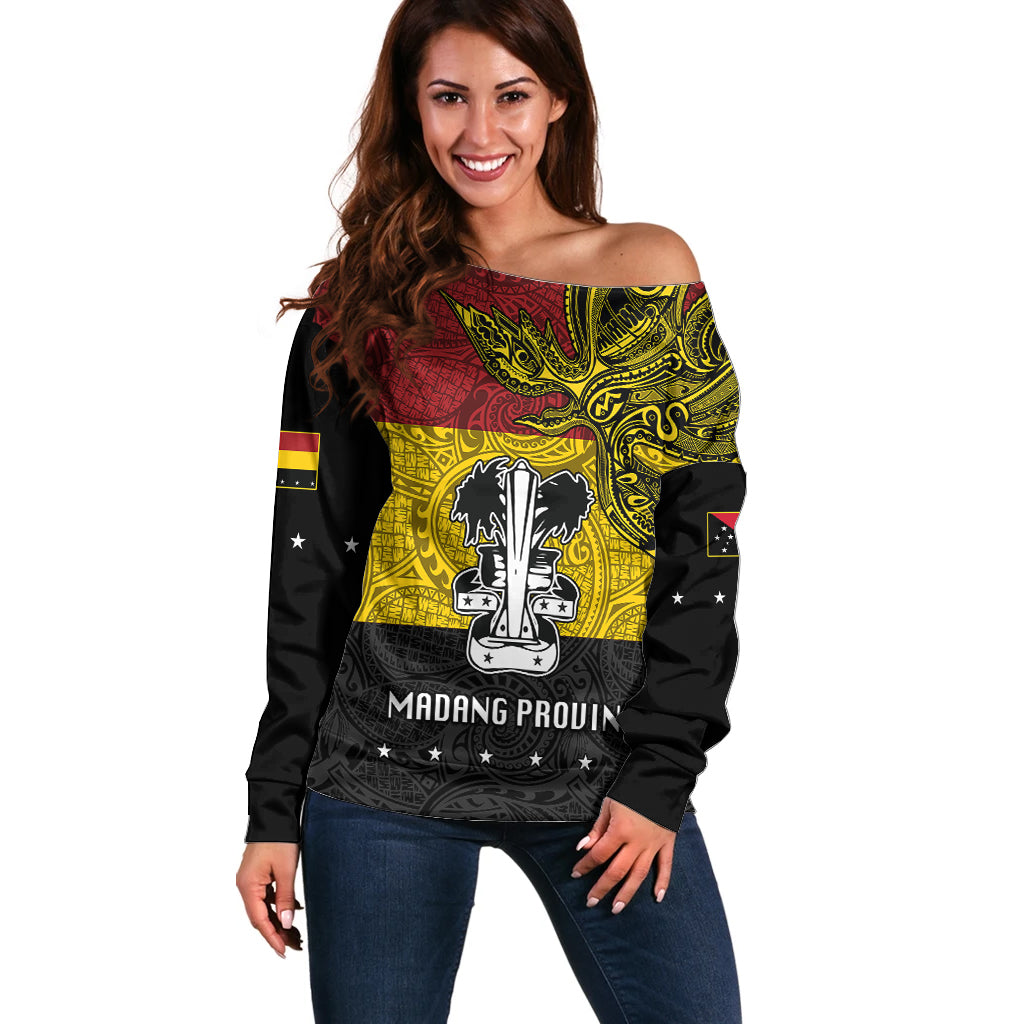 Custom Papua New Guinea Madang Province Off Shoulder Sweater PNG Birds Of Paradise Polynesian Arty Style LT03 Women Yellow - Polynesian Pride